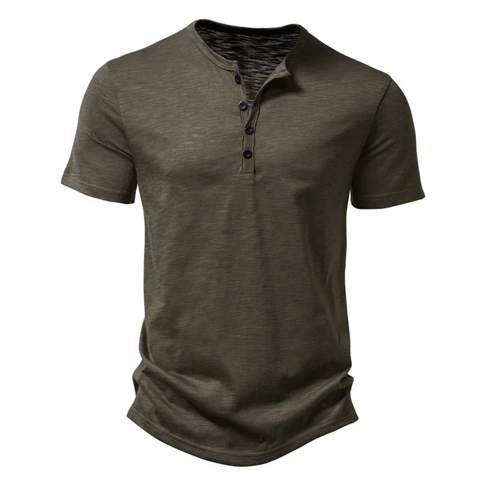 Elvorn Pike Męski bawełniany T-shirt z krótkim rękawem i kołnierzykiem henley, swobodny na lato