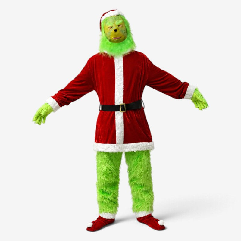 Grønt julekostume med maske rød overdel og matchende kostumedele  | Quitterie