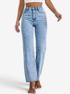 Damskie jeansy z wysokim stanem, prostymi nogawkami i perłowymi detalami – Elvoria