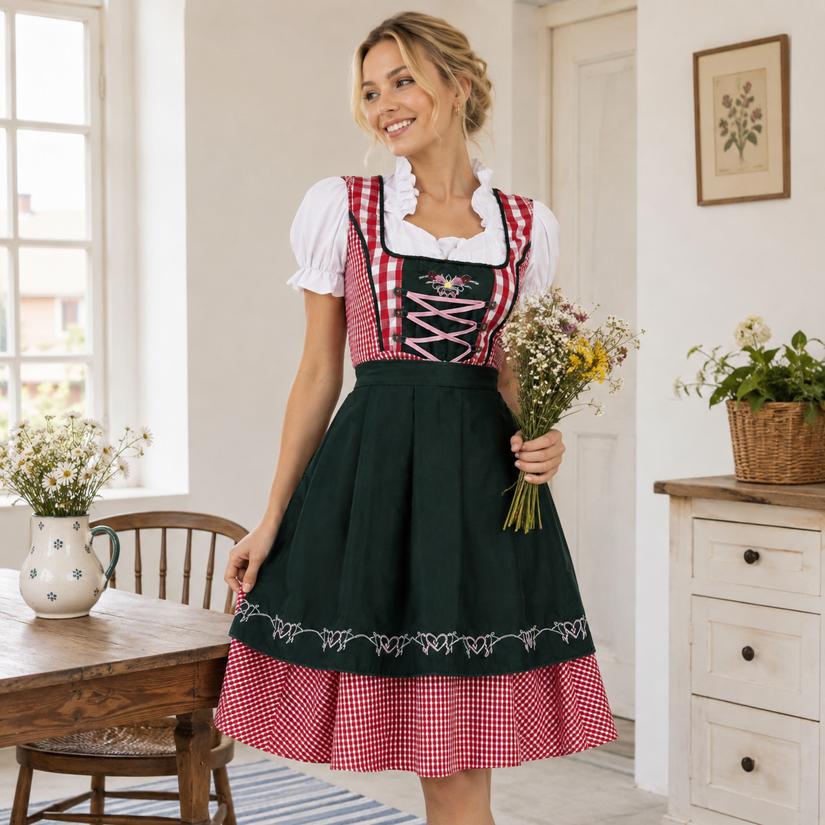 Damski zestaw dirndl z kraciastymi szelkami, bluzką i spódnicą na Oktoberfest | Mathilde
