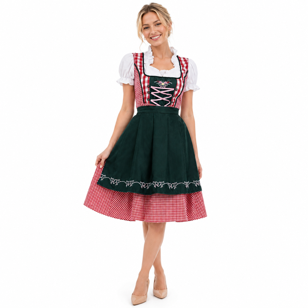 Damski zestaw dirndl z kraciastymi szelkami, bluzką i spódnicą na Oktoberfest | Mathilde
