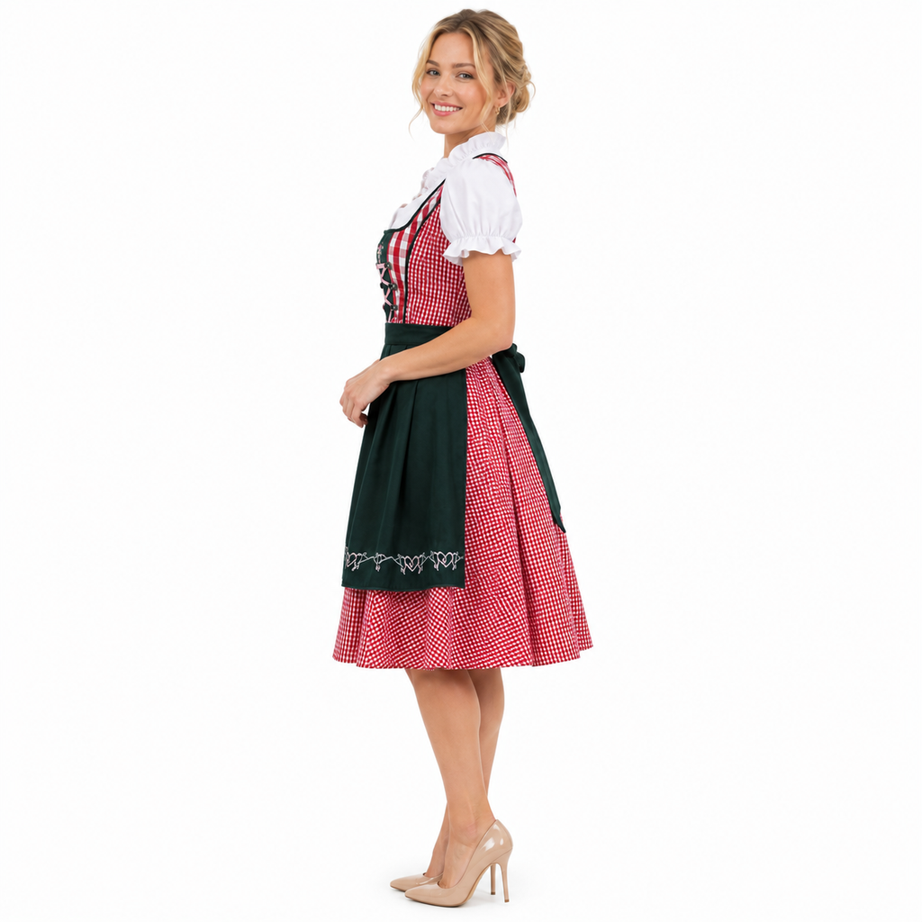 Damski zestaw dirndl z kraciastymi szelkami, bluzką i spódnicą na Oktoberfest | Mathilde