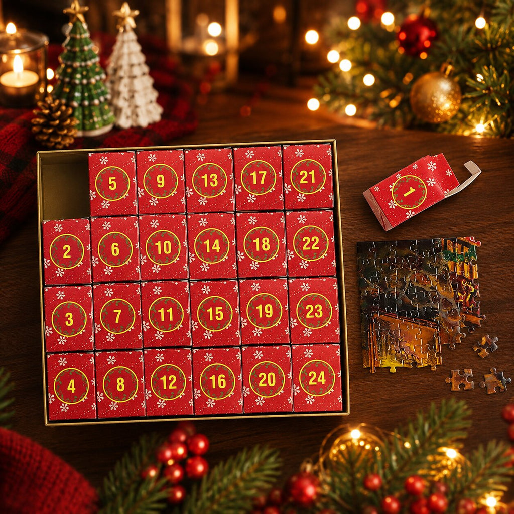 Julepuslespil adventskalender med dekorativt motiv og plakat | Pulucía