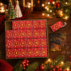 Julepuslespil adventskalender med dekorativt motiv og plakat | Pulucía