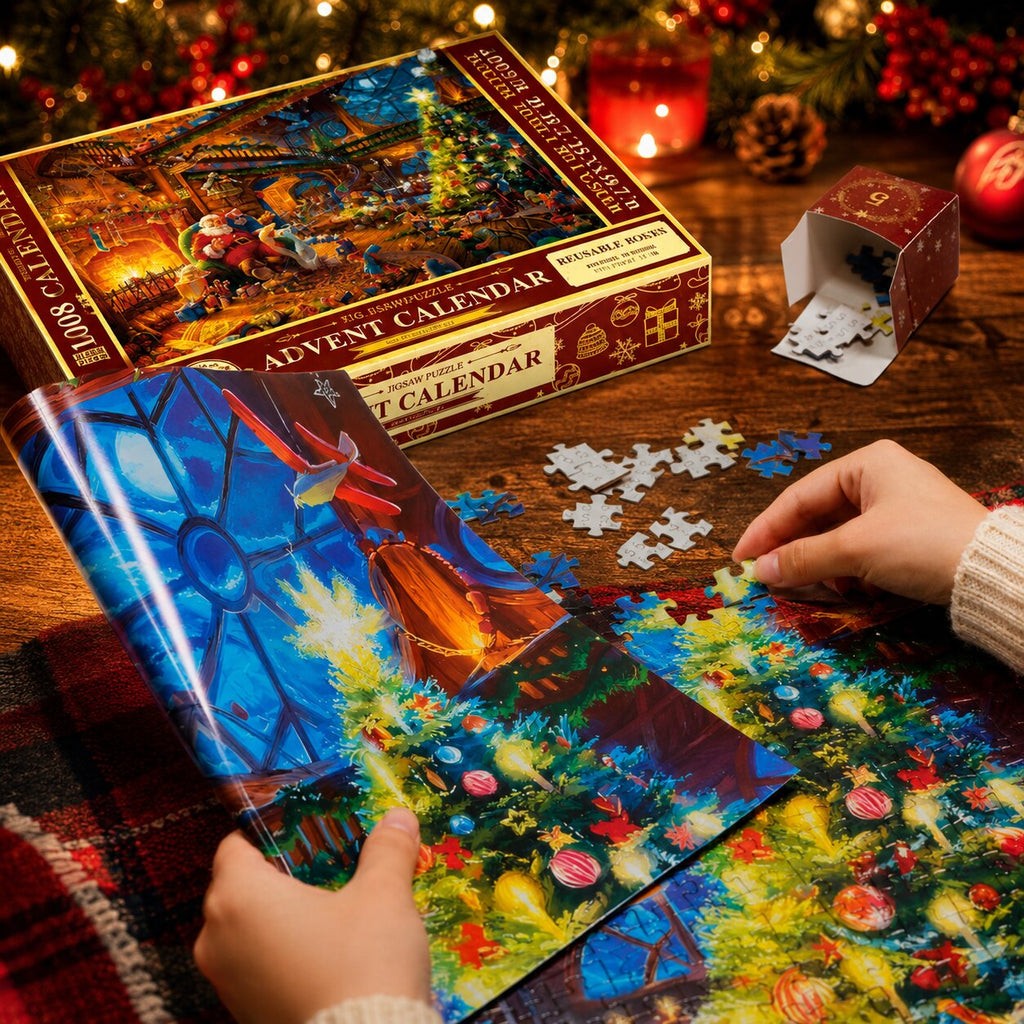 Julepuslespil adventskalender med dekorativt motiv og plakat | Pulucía