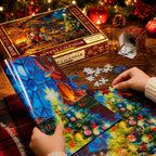 Julepuslespil adventskalender med dekorativt motiv og plakat | Pulucía