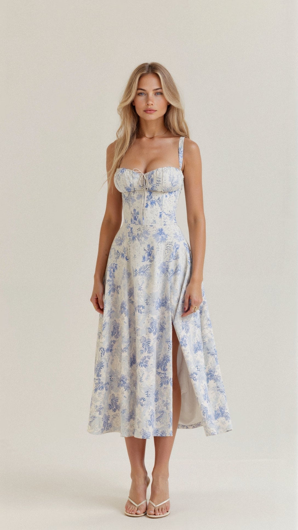 Sukienka midi damska w kwiatowy wzór z regulowanymi ramiączkami – Floravienne