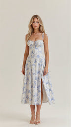 Midi damekjole med blomsterprint og justerbare stropper – Floravienne