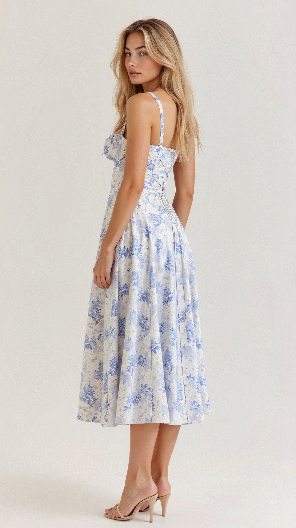 Sukienka midi damska w kwiatowy wzór z regulowanymi ramiączkami – Floravienne