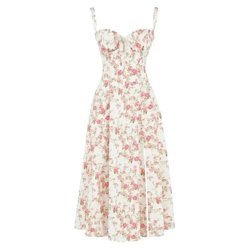 Sukienka midi damska w kwiatowy wzór z regulowanymi ramiączkami – Floravienne