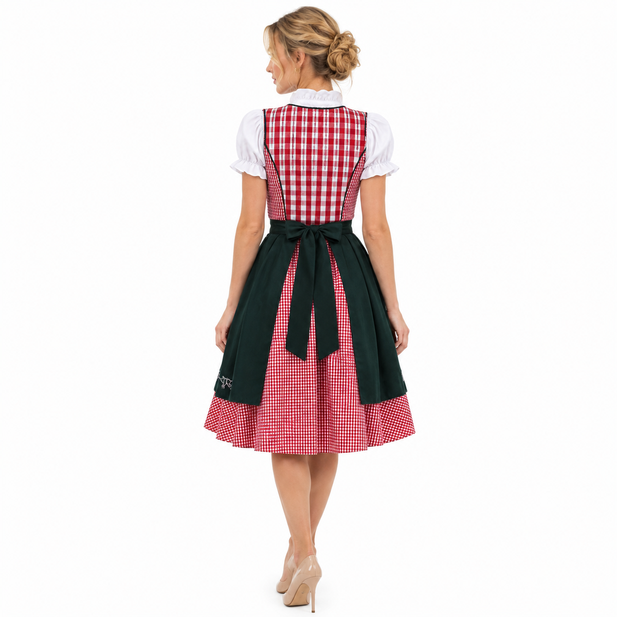 Damski zestaw dirndl z kraciastymi szelkami, bluzką i spódnicą na Oktoberfest | Mathilde