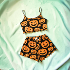 Damski zestaw piżamowy na Halloween Krótka góra Szorty Dynia Szkielet | Celestina