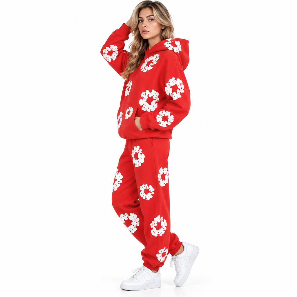Unisex todelt træningssæt med blomsterprint hoodie og matchende bukser | Anaïs