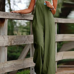Women's Linen Wide Leg Pants Dungaree Sleeveless Jumpsuit - Army Green
