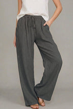 Women's Linen Wide Leg Pants Elasticated Drawstring Trousers - Dark gray