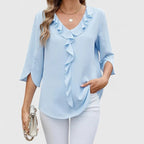 Women's Ruffle V-Neck Three-Quarter Sleeve Chiffon Blouse