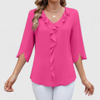 Women's Ruffle V-Neck Three-Quarter Sleeve Chiffon Blouse - Pink