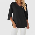 Women's Ruffle V-Neck Three-Quarter Sleeve Chiffon Blouse - Classic Black